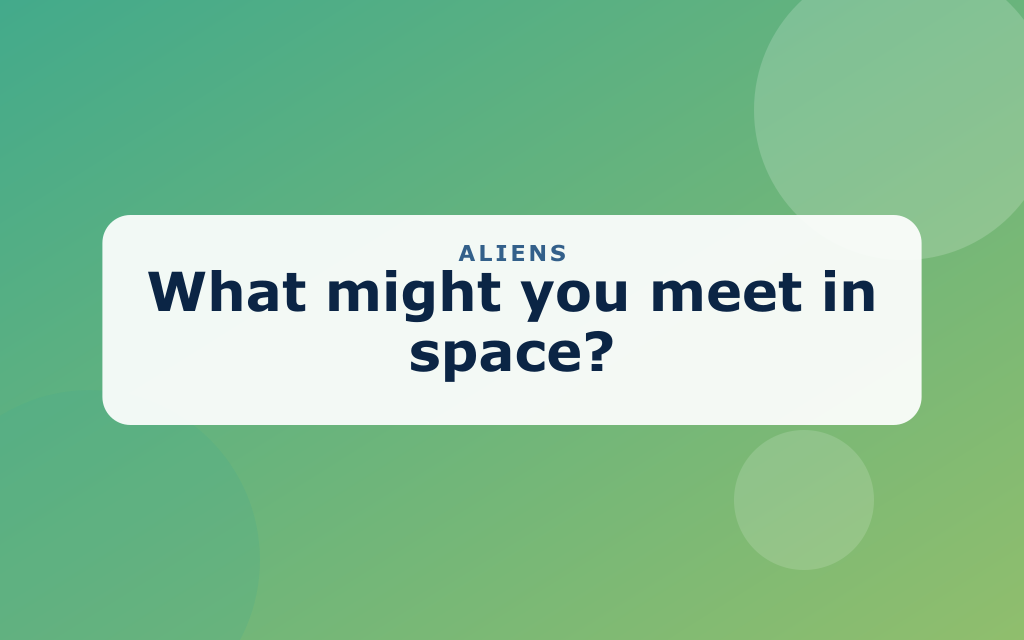 Cartoon friendly green alien with a flying saucer and planets