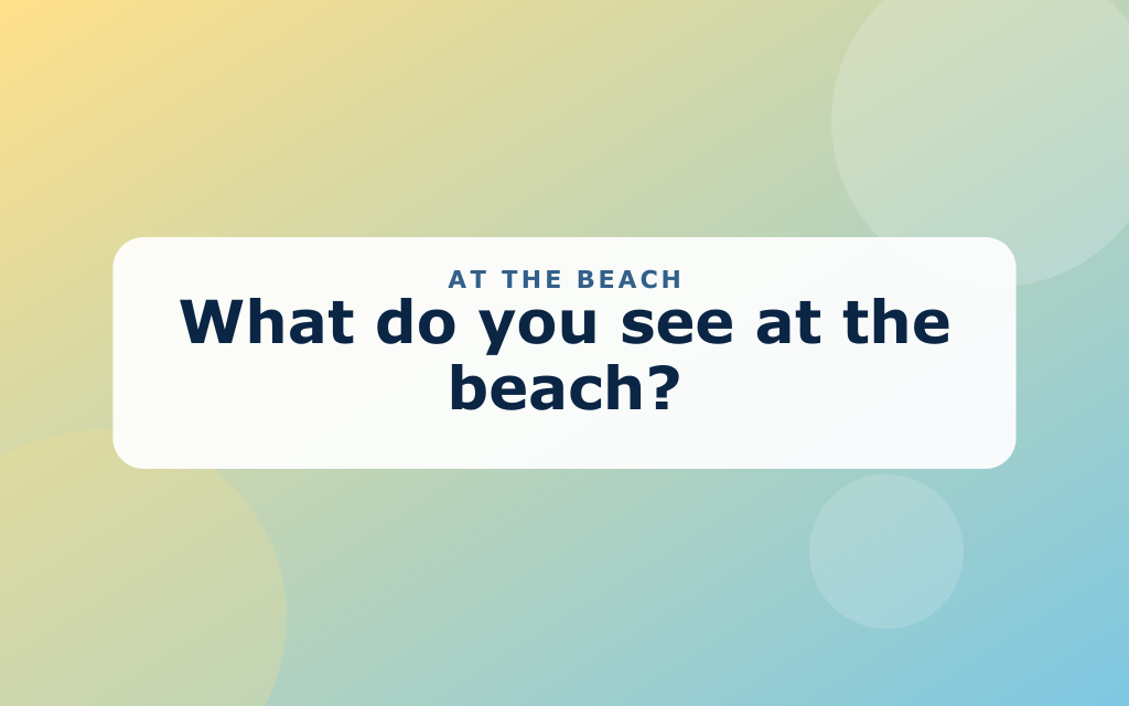 Cartoon beach with a sandcastle, umbrella, bucket, waves, and a smiling sun