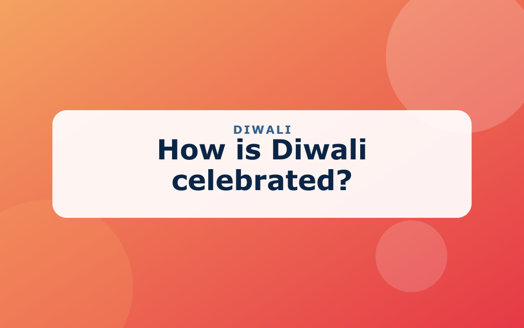 Cartoon Diwali scene with diya lamps, a rangoli pattern, and fireworks