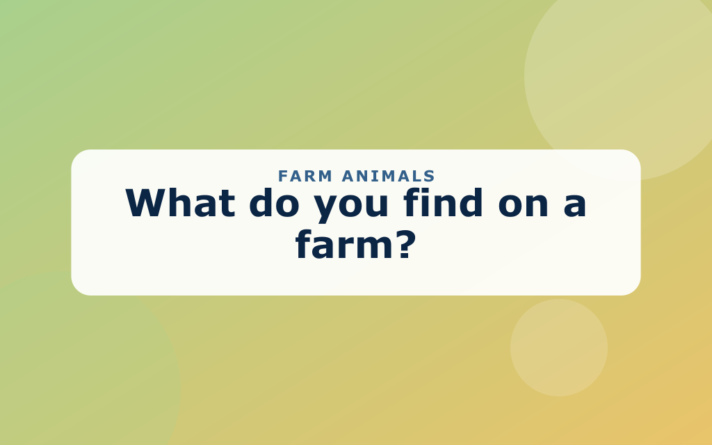 Cartoon farm with a red barn, cow, pig, hen, and horse