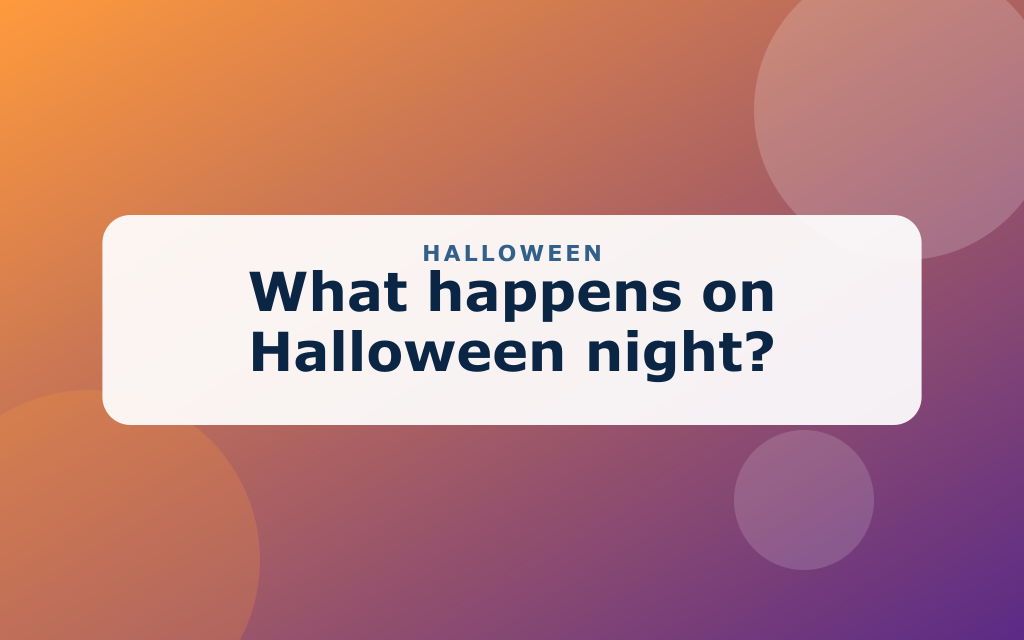 Cartoon Halloween scene with a smiling pumpkin, ghost, bat, and full moon