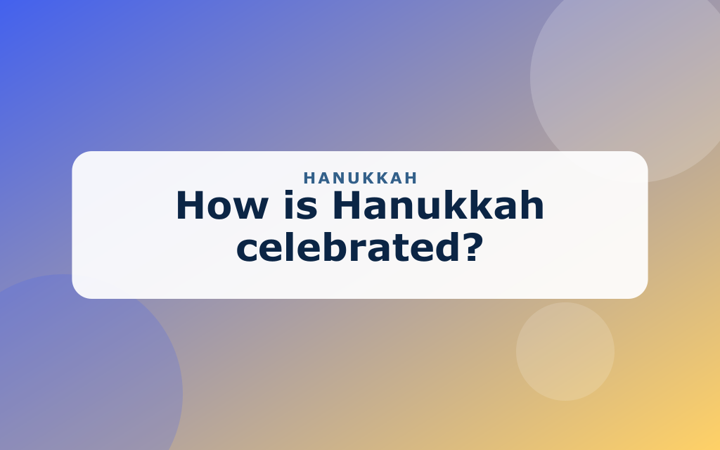 Cartoon Hanukkah scene with a menorah, dreidel, gelt, and latkes