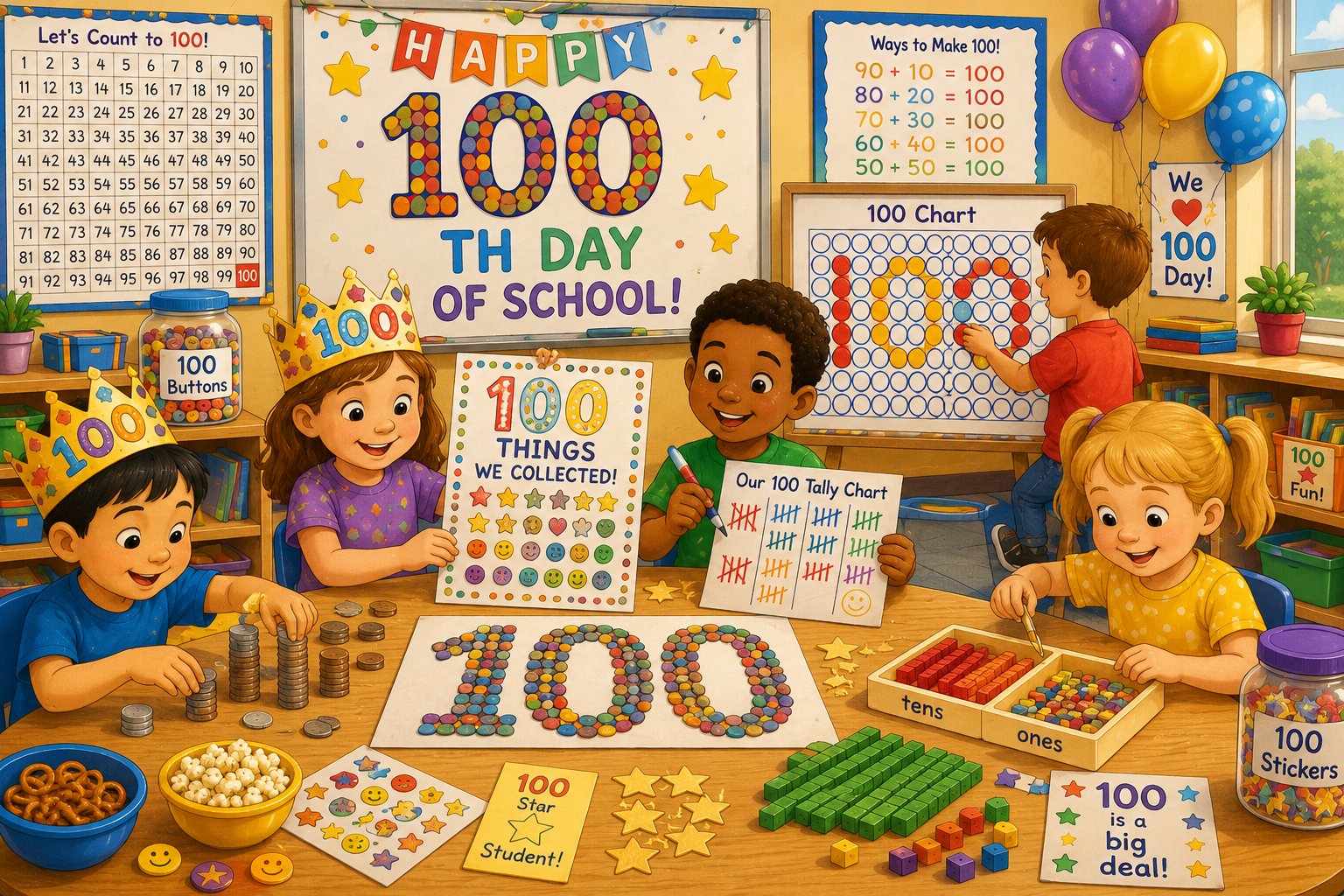 Cartoon 100th day of school scene with the number 100 and counting objects