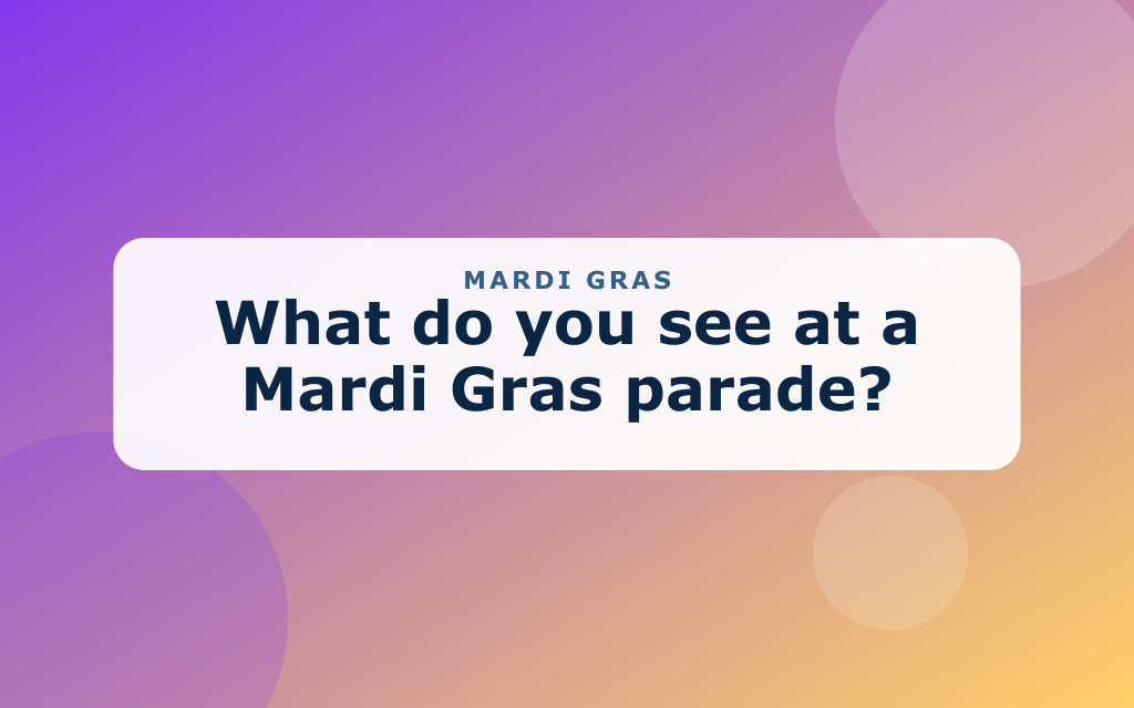 Cartoon Mardi Gras scene with a float, beads, a mask, and a jester hat