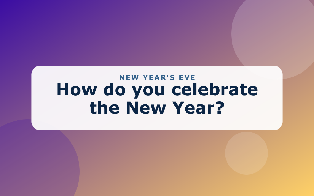 Cartoon New Year scene with fireworks, a clock, party hats, and confetti