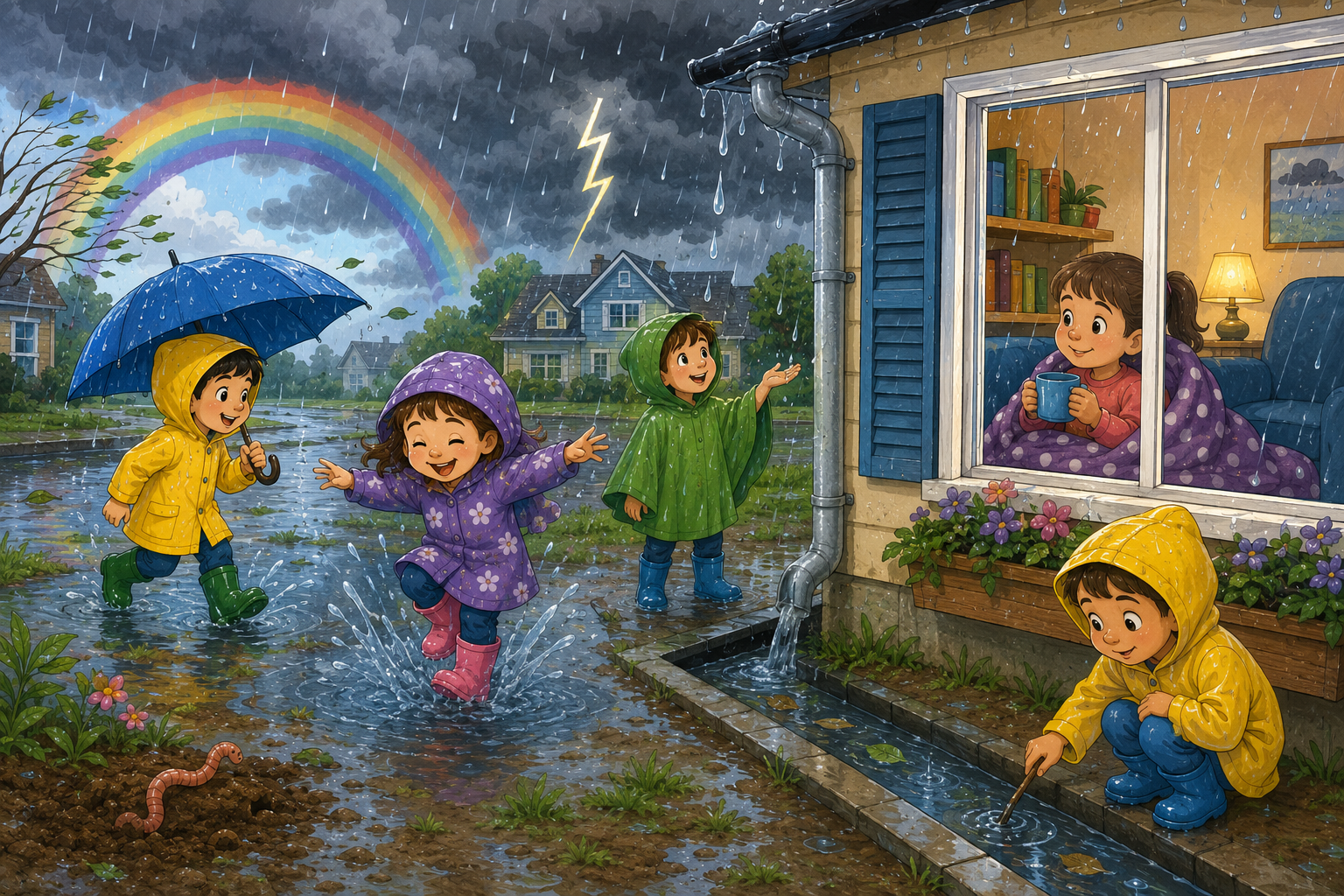 Cartoon rainy day with a child in a raincoat splashing in a puddle