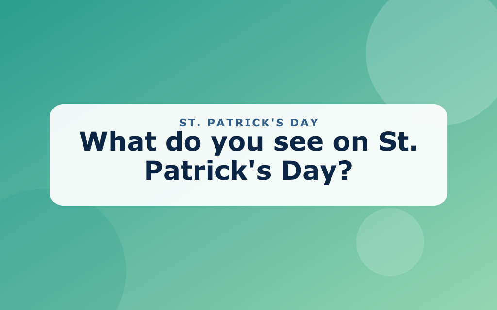 Cartoon St. Patrick's Day scene with a clover, rainbow, and pot of gold