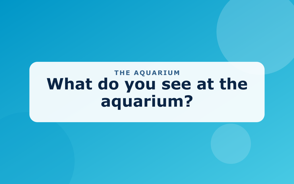 Cartoon aquarium with a glass tank of fish, a turtle, and an octopus