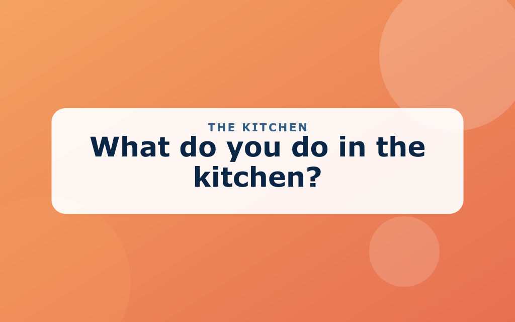 Cartoon kitchen with a pot, mixing bowl, oven, and a child in an apron