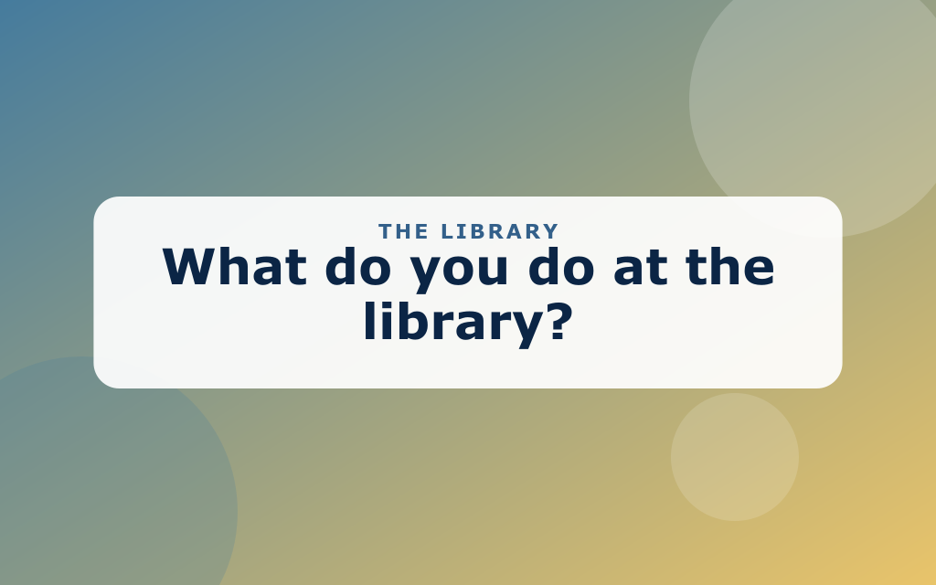 Cartoon library with tall bookshelves, a reading child, and a librarian