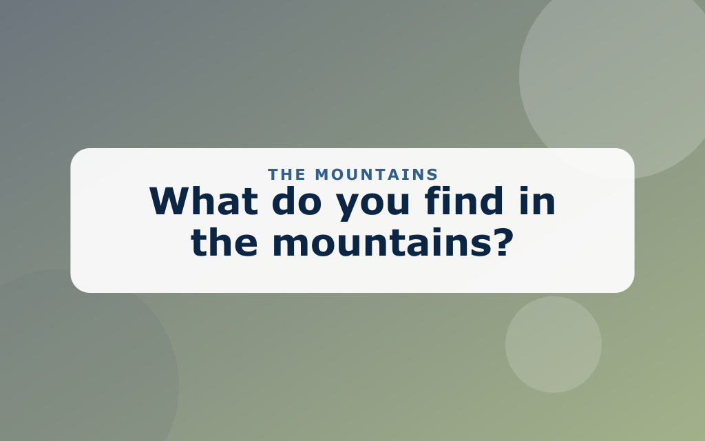 Cartoon mountains with snowy peaks, a trail, pine trees, and a goat